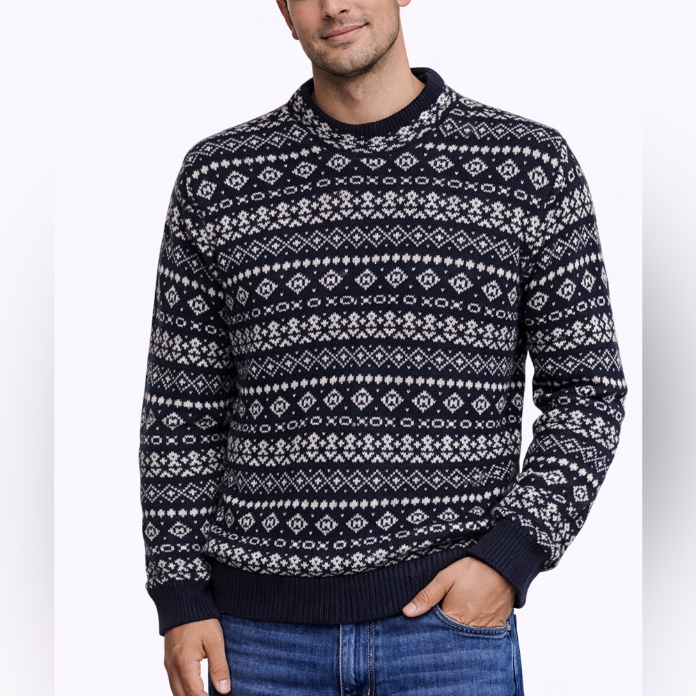 Vintage West Coast Dark Blue and White Patterned Men's Sweater